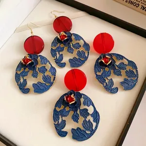 New Chinese Style Resin Flower Leaf Drop Earrings Red Blue Hollow Vintage Silver Post Earrings For Women Jewelry Gift
