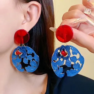 Vintage Chinese style resin flower and leaf drop earrings with red and blue colors