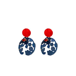 Retro Chinese style floral leaf earrings with red resin studs and blue hollow design