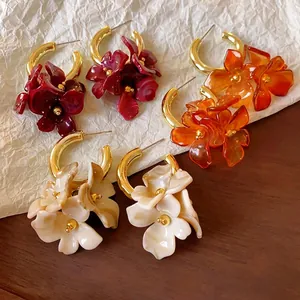 French Vintage Floral Stud Earrings With 925 Sterling Silver Earring Post Alloy Acrylic Marble Flower Earrings For Women Jewelry