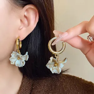 Elegant French vintage style acrylic marble flower hoop earrings with gold-tone finish