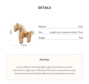 Detailed view of hand-stitched fabric pony brooch with 8cm size and material info