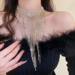 Vista dettagliata di una collana girocollo di lusso con nappe di strass su una modella.