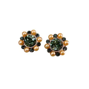 Elegant vintage style circular floral stud earrings with pearls and emerald green crystals