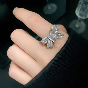 Elegant Copper Zirconia Bowknot Hollow Open Ring Fashion Adjustable Finger Ring For Women Luxury Jewelry Accessories