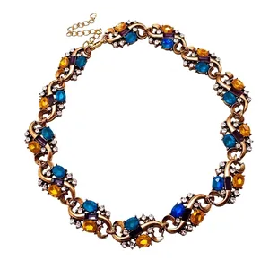 Vintage palace style necklace with colorful oval rhinestones on gold-toned metal