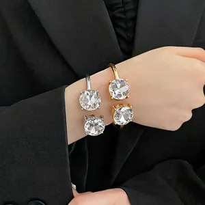 Luxury Alloy Rhinestone Open Bangle For Women Round Geometric Inlaid Adjustable Bracelet Fashion Party Jewelry Gift