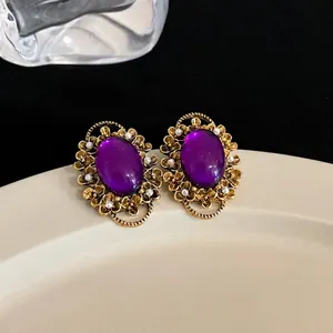French Vintage Purple Oval Artificial Pearl Alloy Clip On Earrings No Piercing Light Luxury Elegant Women Jewelry Earrings