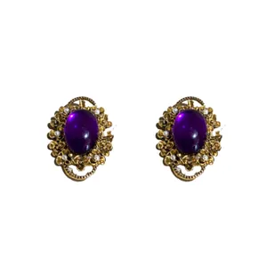 French vintage purple oval stone clip-on earrings with gold floral and pearl details