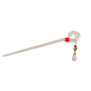 Elegant New Chinese style hair stick with floral accents and white teardrop tassel pendant
