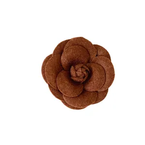 Elegant brown leather flocked camellia flower brooch pin for women's fashion