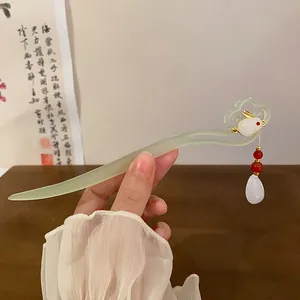 Elegant Chinese style rabbit hairpin with jade-like finish for traditional Hanfu attire