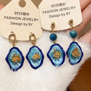 New Chinese Style Vintage S925 Sterling Silver Post Flower Stud Earrings Gold Blue Palace Elegant Artistic Jewelry For Women