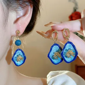 Vintage blue flower stone earrings with silver needle for elegant Chinese style