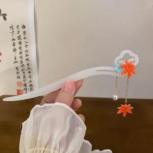 Chinese style white hair fork with orange maple leaf tassel for Hanfu and Cheongsam