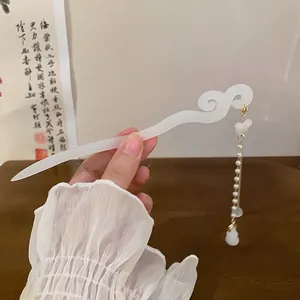 Elegant white hair stick with long pearl tassel for traditional Chinese hairstyles