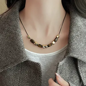 Retro Copper Clavicle Necklace Irregular Wrinkled Gold Beads Artificial Tiger Eye Stone Pendant Necklace For Women Jewelry