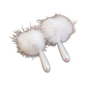 Elegant autumn winter white pom pom earrings with teardrop pearl drops for women