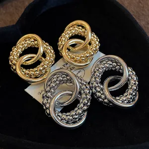 Women's Minimalist Alloy Knot Stud Earrings with Silver Post Geometric Circular Double Loop High Gloss Electroplated Earrings