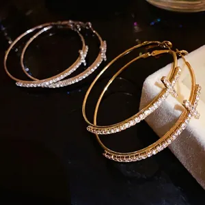 Luxury Iron Rhinestone Inlaid Cross Round Hoop Earrings For Women With 925 Sterling Silver Earring Post Simple Fashion Personality Ear Jewelry