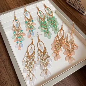 Bohemian Ethnic Acrylic Seed Bead Teardrop Tassel Drop Earrings Vintage Alloy Earrings With Stainless Steel Post For Women Vacation Jewelry