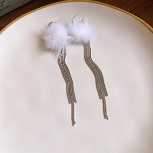 Detailed view of white fluffy pompom earrings with long silver metal chain tassels