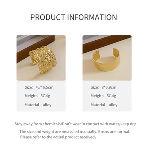 Detail view of gold textured open cuff bracelets with material and size specifications