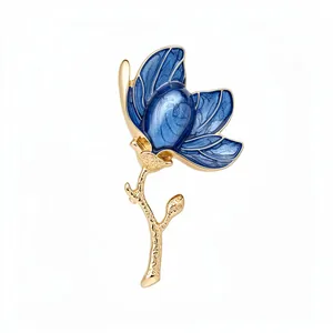 Elegant new Chinese style blue enamel flower brooch with textured gold stem accessory