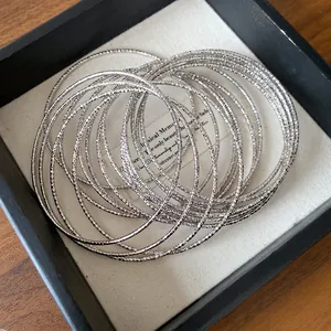 Gedetailleerd overzicht van zilveren metalen armbanden in een luxe sieradendoos.