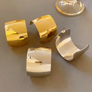 Orecchini a Bottone a Forma di C Larga Quadrata Con Perno in Argento Sterling 925 Oro Argento Metallo Gioielli Moda
