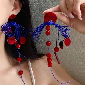Handmade Chinoiserie Bow Tassel Earrings Retro Red Blue Color Blocking Drop Earrings Silver Earring Post Women Jewelry