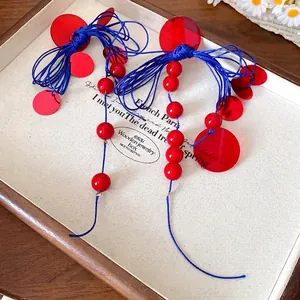 Vintage red and blue tassel bow earrings with S925 silver needles for women stylish