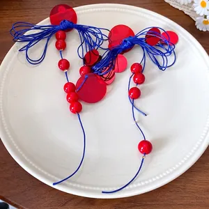 Handmade vintage Chinese style red and blue tassel bow earrings with s925 silver needles