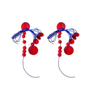Handmade Chinese style red and blue tassel earrings with silver needle for women.