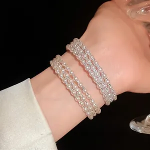 Elegant multi-layer faux pearl and rhinestone open bangle bracelet for women, luxury jewelry