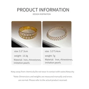 Product details for layered rhinestone and imitation pearl open bangles with measurements