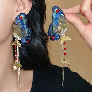 Elegant ethnic butterfly tassel earrings with embroidery and sparkling rhinestones