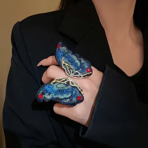 Large elegant blue embroidered butterfly ring with rhinestones and ethnic style design