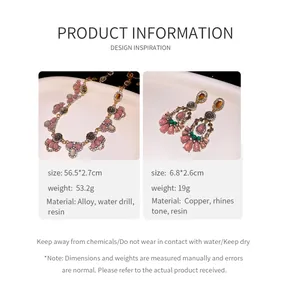 Detailed product dimensions and material info for vintage resin flower jewelry set.