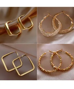 Selection of four elegant high-end gold-toned metal hoop and square geometric earrings