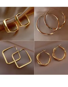 Professional collage showing four styles of elegant gold-toned hoop earrings on brown satin.