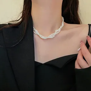 Vintage Baroque Multi-layer Artificial Pearl Necklace For Women Fashion Elegant Alloy Electroplated White Choker Jewelry Neckwear