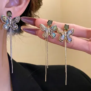 18K Gold Plated Butterfly Tassel Ear Clips For Women Vintage Zirconia Sea Shell Inlaid Drop Earrings Light Luxury Jewelry