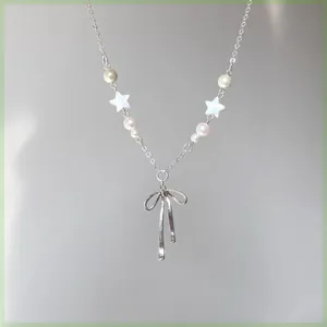 French Style Sweet Bowknot Pendant Artificial Pearl Necklace For Women Girl Star Clavicle Chain Jewelry Gift
