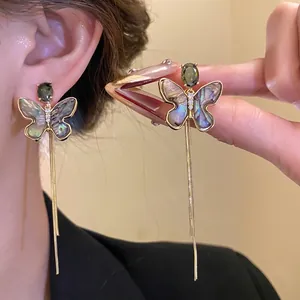 Elegant 18K gold plated butterfly tassel earrings with zircon and sea shell details