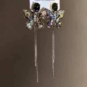Vintage 18K gold plated butterfly tassel earrings with iridescent shell and green zircon