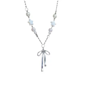 French style silver ribbon pendant necklace featuring elegant white pearls and star beads