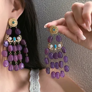 Vintage Elegant Purple Acrylic Tassel Earrings With Silver Earring Post Gold Plated Artificial Pearl Dangle Earrings For Women