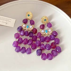 Elegant vintage purple tassel drop earrings with pearl, turquoise and gold accents