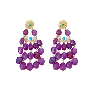 Elegant vintage style purple tumbled stone beaded tassel earrings with gold-tone metal accents